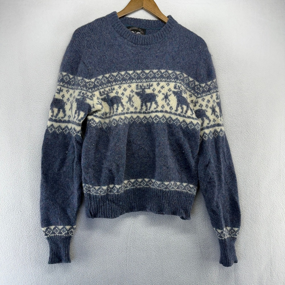 Vintage Northern Isles Sweater Womens Medium Blue Fair Isle Moose Festive 90s